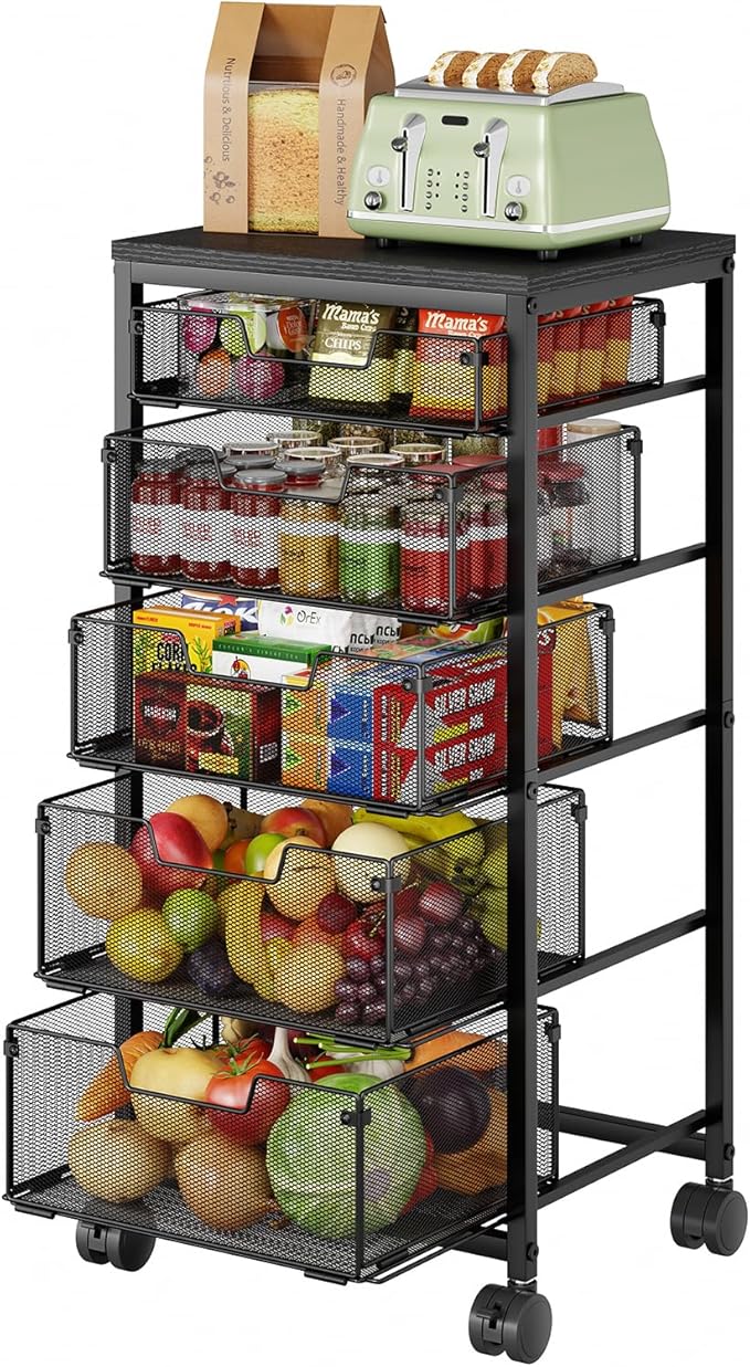 Kitchen Storage Cart with Drawer, 5-Tier Fruit Vegetable Storage Cart, Kitchen Organizer and Storage Cart with Wheels, Wooden Top Metal Wire Pantry Storage Cart rack for Fruit Snack Onion Potato by FollowWithYociyogaTogether