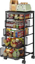 Kitchen Storage Cart with Drawer, 5-Tier Fruit Vegetable Storage Cart, Kitchen Organizer and Storage Cart with Wheels, Wooden Top Metal Wire Pantry Storage Cart rack for Fruit Snack Onion Potato by FollowWithYociyogaTogether