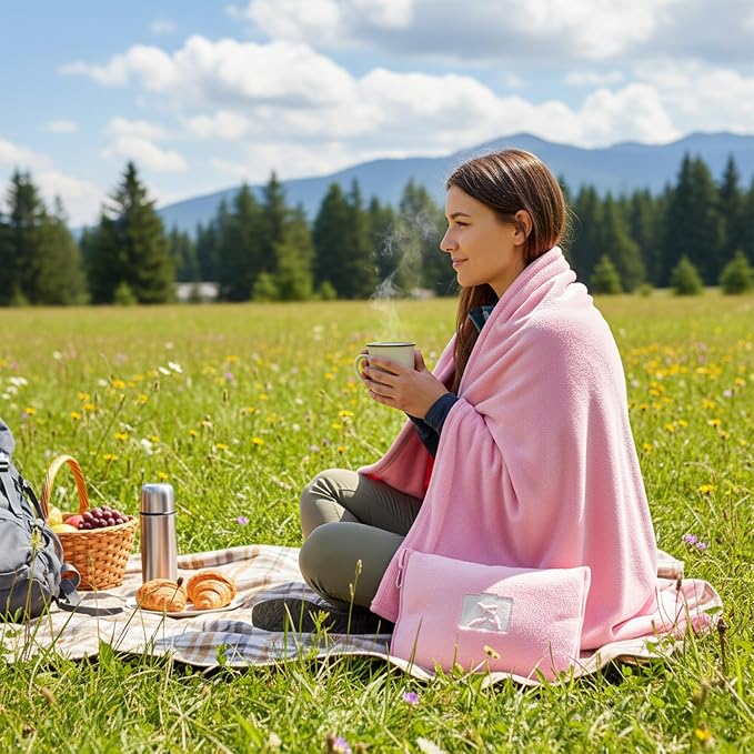 Travel Blanket and Pillow, Ultra-Soft, Compact & Lightweight, 60x50 in, Airplane Travel Essentials with Hand Luggage Sleeve and Backpack Clip, for Travel & Picnic (Pink) - Image 7