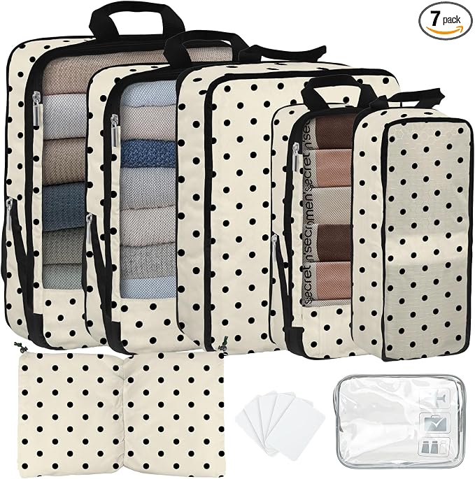 7 Pcs Compression Packing Cubes for Travel, Waterproof Suitcase Luggage Backpack Organizer with Toiletry Bag Travel Essentials for Women/Men-Polka Dots by Unknown