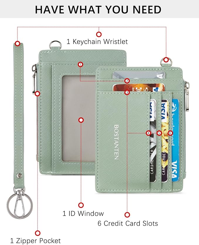 BOSTANTEN Credit Card Holder RFID Small Wallet for Women with Keychain | Slim, Wristlet, Zipper Coin Pocket, Pocket-Friendly, Vegan Leather, Minimalist, Gifts, Light Green - Image 2