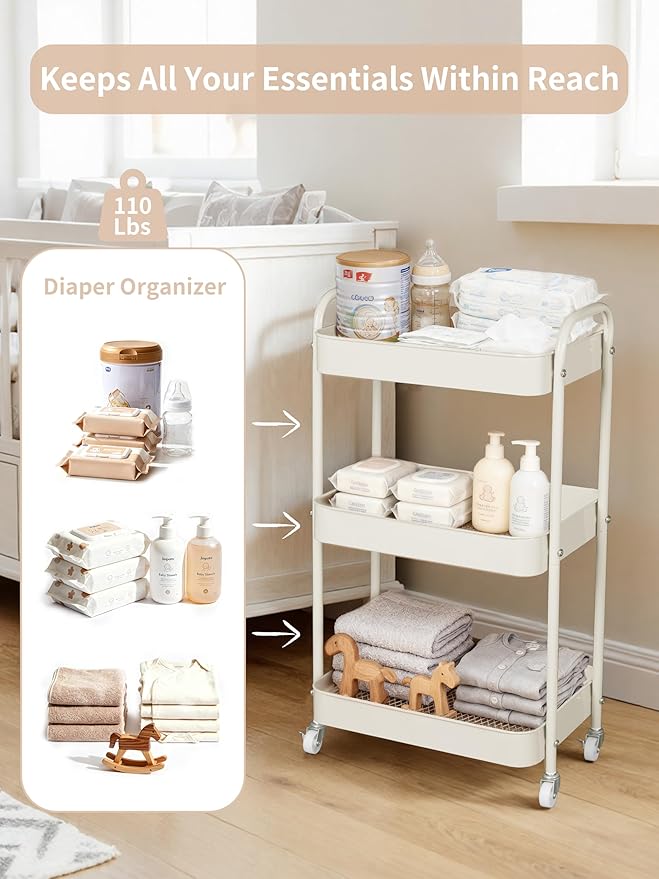 Baby Diaper Caddy, 3 Tier Rolling Cart for Baby Essentials, Beige | Diaper Cart with Detachable Dividers, Nursery Storage & Bottle Organizer, Bedside Caddy for Bedroom and Living Room - Image 3