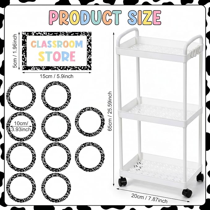 Gerrii Classroom Management Tool Classroom Store 3 Tier White Rolling Cart with Sign Blank Round Cards Round Stickers, Multipurpose Organizer for Office, Home, Book, Supply Storage - Image 5