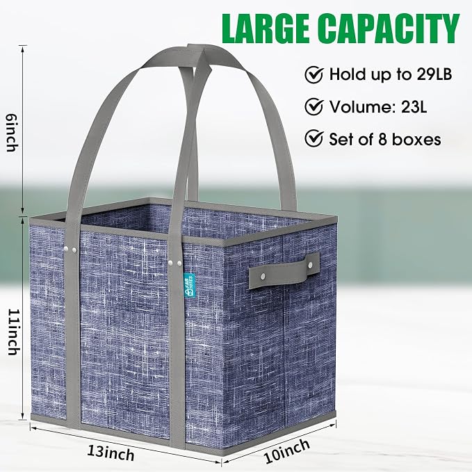 Fab totes Reusable Grocery Bags, Large Foldable Shopping Tote Bags with Reinforced Handles & Hard Bottom,8 Pack,Blue - Image 3