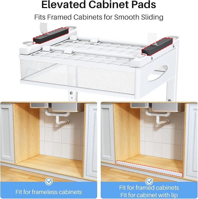 Under Sink Organizer, 2 Tier Pull Out Under Cabinet Organizer Shelf with Pad for Framed Cabinets, Metal Slide Out Under Sink Storage, Mesh Sliding Drawers for Kitchen Bathroom Laundry(White, 1 Pack) - Image 3