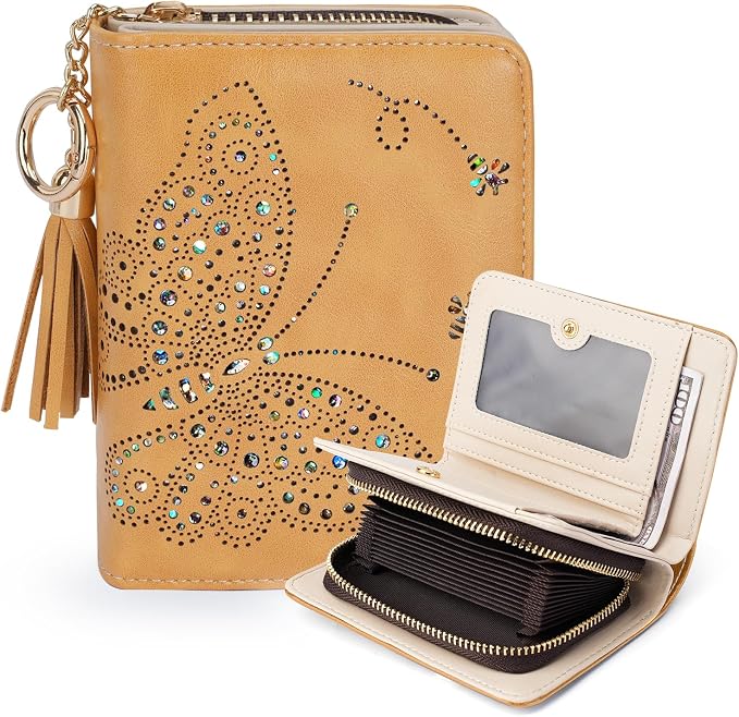 KITEVIUN Women RFID Blocking Small Bifold Wallet, Compact Cash Clutch with Zipper Coin Pocket, Glittery Butterfly Design, Credit Card Holder, Travel Purse with Tassel YELLOW by KITEVIUN