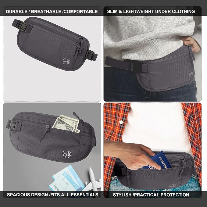 Money Belt, Hidden Travel Wallet for Passport, RFID Blocking Passport Pouch, Undercover Fanny Pack(Grey) - Image 5