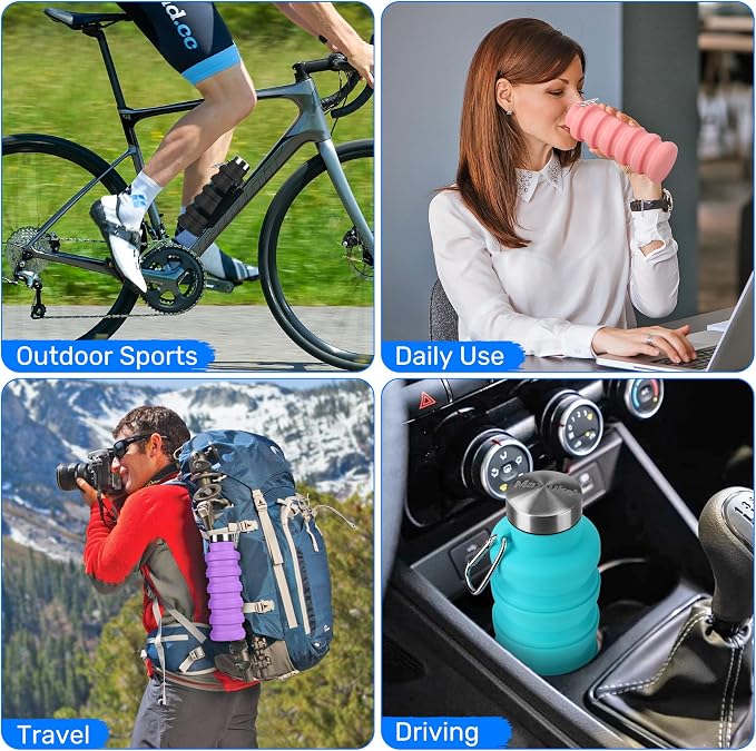 Collapsible Water Bottle, 16oz Portable Reusable Silicone Water Bottle with Carabiner for Gym, Travel, Camping, Hiking, Sports, Lightweight, BPA-Free, Leak-Proof, Foldable Design, Blue - Image 8