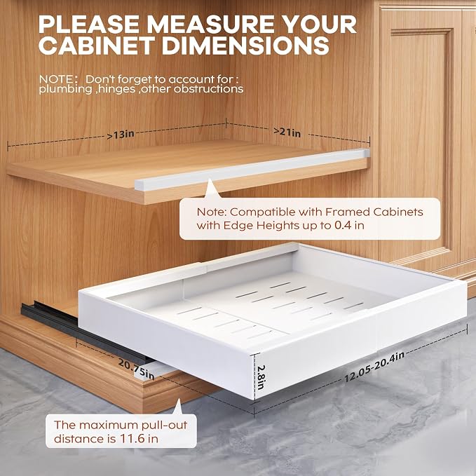 Seinloes 2Pack Expandable Pull Out Cabinet Organizer 21"Deep With Raising Pad for Framed Cabinets, Upgrade 3 Slide Rails Slide Out Drawers, Roll Out Shelves Adhesive,Adjustable Width 12.05"-20.4"White - Image 4