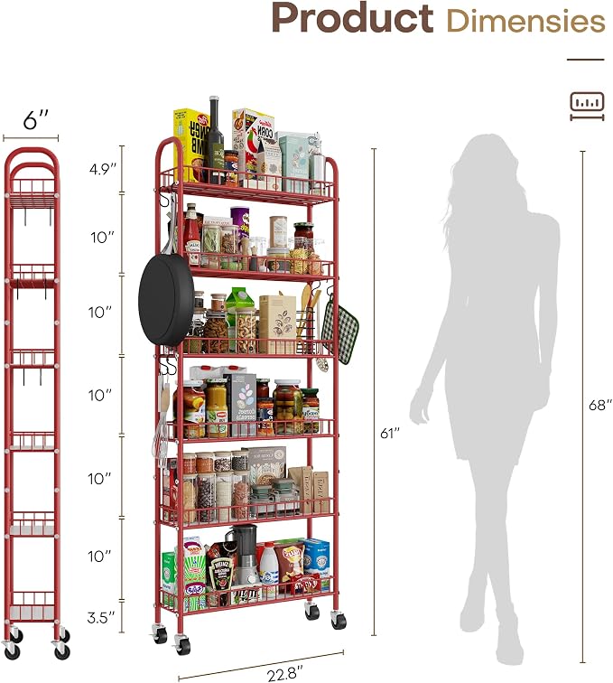 Slim Rolling Storage Cart 6 Tier, Metal Kitchen Rolling Utility Cart with Lockable Wheels for Kitchen, Bathroom, Office, Laundry Room, Small Narrow Spaces (Red 6 Inches) - Image 5