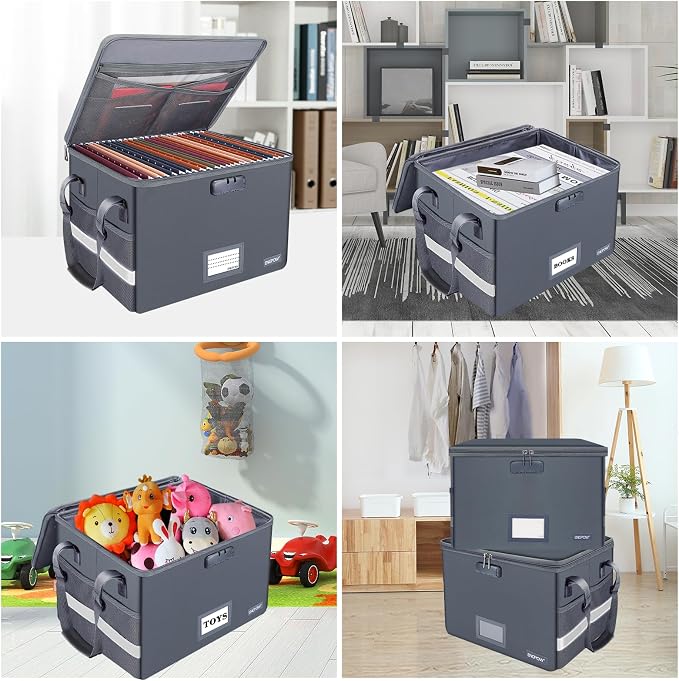 ENGPOW File Box with Lock, Fireproof Document Box with Pockets, Collapsible File Organizer Filing Storage Cabinet with Handle, Portable Home Office Safe for Hanging Letter/Legal Folders,Gray,2 Pack - Image 2