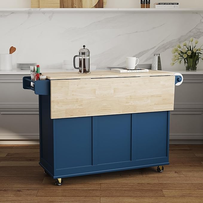 Homestyles Mobile Kitchen Island Cart with Wood Top and Dropleaf Breakfast Bar, Blue - Image 5