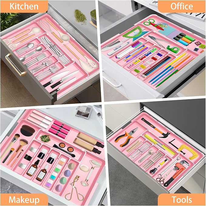 Silverware Organizer Expandable Kitchen Utensil Drawer Organizer Large BPA Free Adjustable Cutlery Silverware Tray for Spoons Forks Knives Storage Divider for Kitchen Flatware 6-9 Slots Pink - Image 9