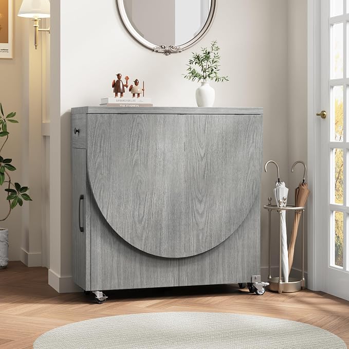 Jocoevol Round Folding Dining Table for 4, Space Saving Drop Leaf Kitchen Table with Storage Drawer, 6 Wheels Oval Gateleg Foldable Dining Table for Small Spaces(Grey 47 * 23.6 * 30) - Image 3