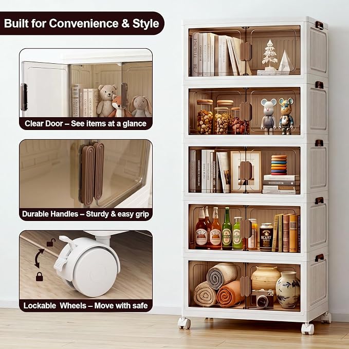 275QT Stackable Storage Bins With Lids, Collapsible Plastic Storage Bins with Wheels and Doors, Foldable Plastic Cabinets for Bedroom Dorm Garage - Image 7