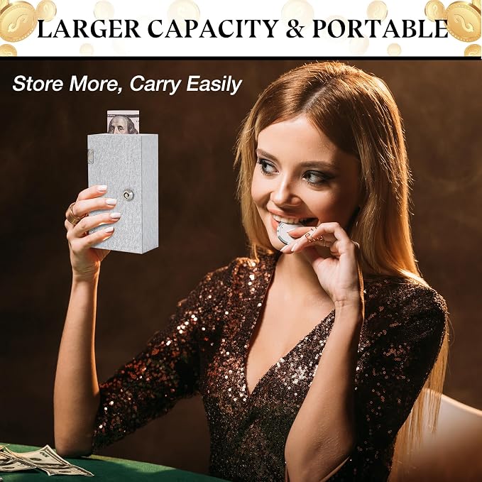 Acrylic Cash Box for Gambler 2 Pack Large and Small, Shimmering Silver Winners Bank with Keys, Slot, Storage Bag, Waist Bag, Portable Casino Money Organizer Safe Lock Box for Girls - Image 4
