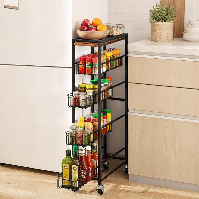 5-Tier Slim Rolling Cart Kitchen Utility Cart, Narrow Kitchen Cabinet with 4 Pull-Out Baskets - Versatile Rolling Storage Cart for Spices, Pantry & Bathroom Organization by GIGIFTREE