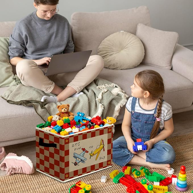 Rustic It's Fun To Fly Airplane Storage Bins Boxes with Handles | toys books clothes, red checkered nursery foldable basket for organizing bedroom toddler room playroom - Image 4