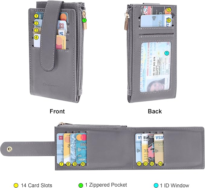 Chelmon Women's RFID Slim Card Holder Wallet | Thin Bifold Multi Card Case with Zipper Coin Pocket Purse for Women(Light Grey Smooth) - Image 4