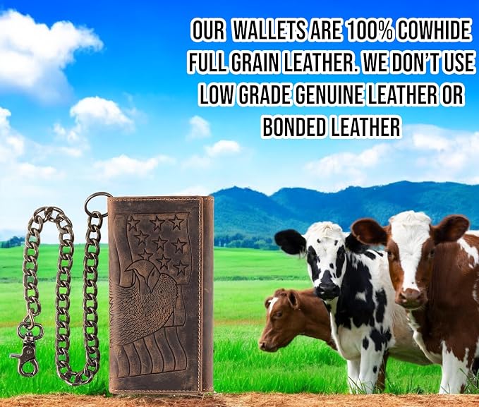 F&L CLASSIC RFID Blocking Mens Tri-fold Long Style Cowhide Leather Steel Chain Wallet,brown eagle/flag,212-101 - Image 5
