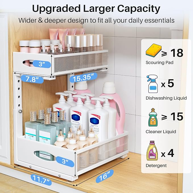 Under Sink Organizer, 2 Tier Pull Out Under Cabinet Organizer Shelf with Pad for Framed Cabinets, Metal Slide Out Under Sink Storage, Mesh Sliding Drawers for Kitchen Bathroom Laundry(White, 1 Pack) - Image 4