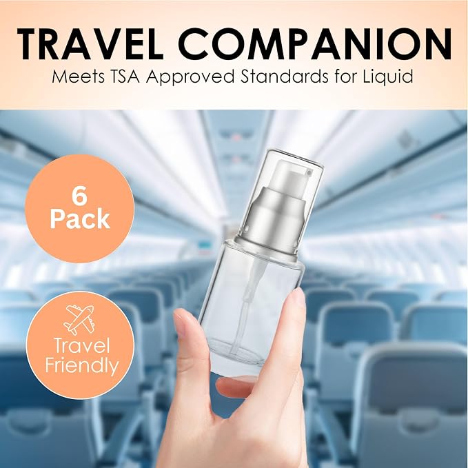 Clear Glass Pump Bottle (6-Pack) 1 Oz 30ml - Refillable, Silver Cap | Luxury, Lotion, Serum, Foundation, Body Cream, Sanitizer, Cosmetics, Travel - Image 7