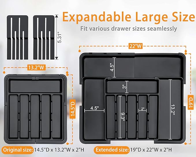 Homecor Silverware Organizer - Expandable Large Kitchen Drawer Organizer Utensil Organizer with 2 Removable Knife Blocks, 22"x 19"Cutlery Tray Drawer Dividers for Kitchen Flatware(6-9 Slots) (Black) - Image 2
