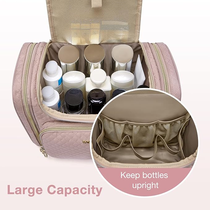 BAGSMART Women's Travel Toiletry Bag, Water-resistant Large Capacity, Pink | Cosmetic Makeup Bag, Door Room Essentials Travel Organizer for Full Sized Toiletries and Cosmetics - Image 4