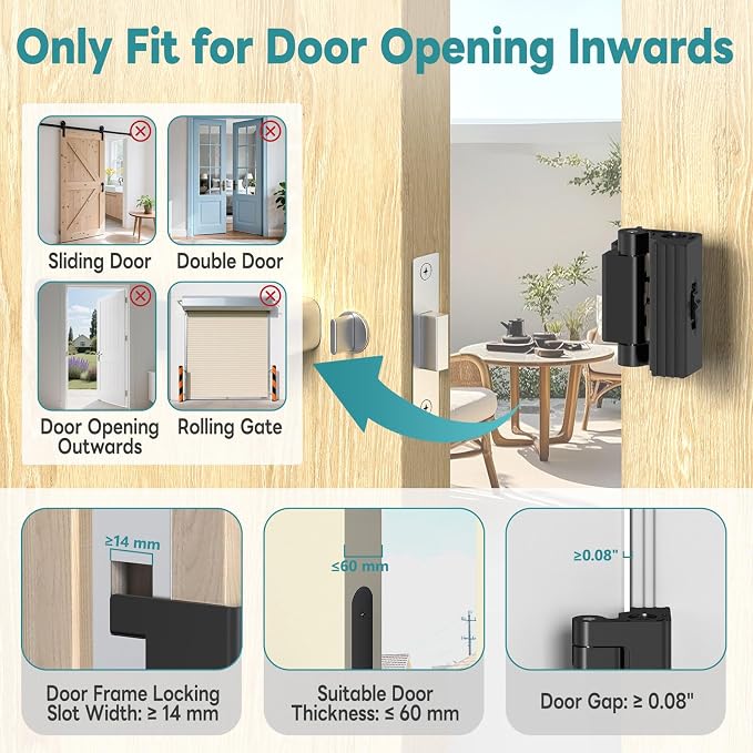 Upgraded Portable Security Door Reinforcement Lock - No Drilling Flip Lock Latch Prevents Unauthorized Entry Fits Inward-Opening Doors, Apartment, Hotel, Travel (Black-1 Pc) - Image 6