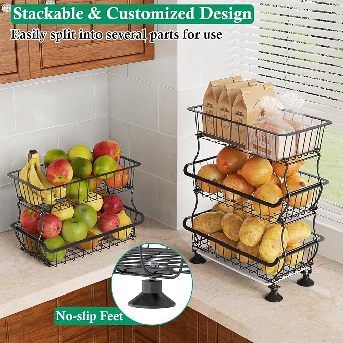 OKZEST 5 Tier Fruit Basket for Kitchen, Stackable Bins Wire Rack with Wheels, Fruit and Vegetable Storage Basket Pantry Food Snack Organizer Shelf, Kitchen Storage Cart for Onion and Potato, Produce | Kitchen pantry organizer rack with dirt catch tray,... - Image 5