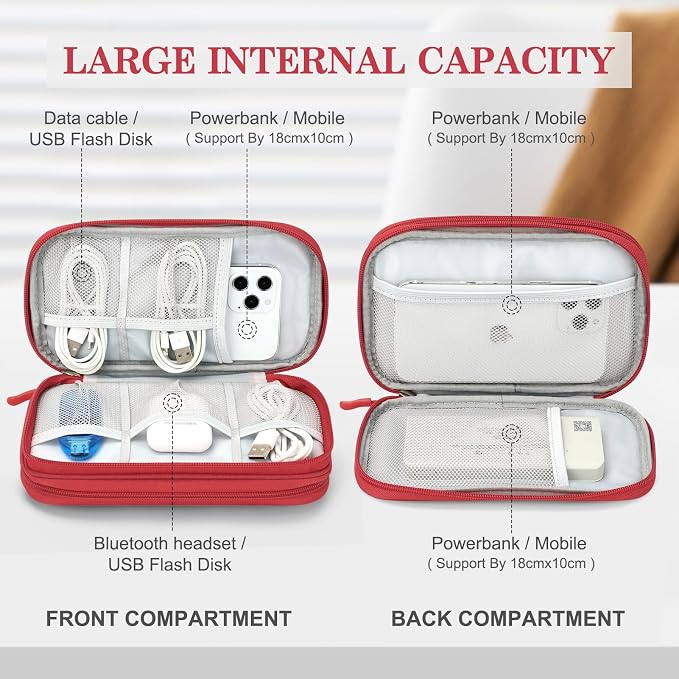 FYY Electronic Organizer, Travel Tech Pouch Bag, Medium, Red | Wrist Strap, Waterproof, Double Layers Portable Electronics Travel Carrying Case for Cord, Charger, Daily Business Trips Use - Image 3