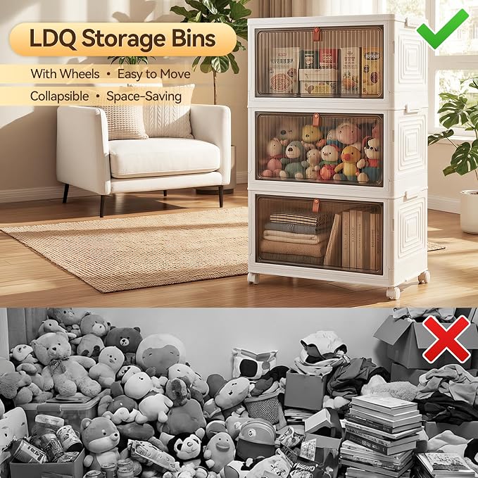 LDQ Storage Bins with Lids, 3 Tier 69QT Stackable Storage Cabinet, Foldable Closet Organizer with Doors & Wheels, Plastic Storage Drawers for Bedroom, Living Room, Bathroom - Image 3