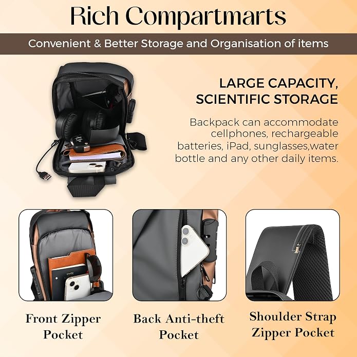 Unisex Anti-Theft Sling Bag with USB Port, Water-Resistant Crossbody Chest Backpack for Travel & Work - Image 3
