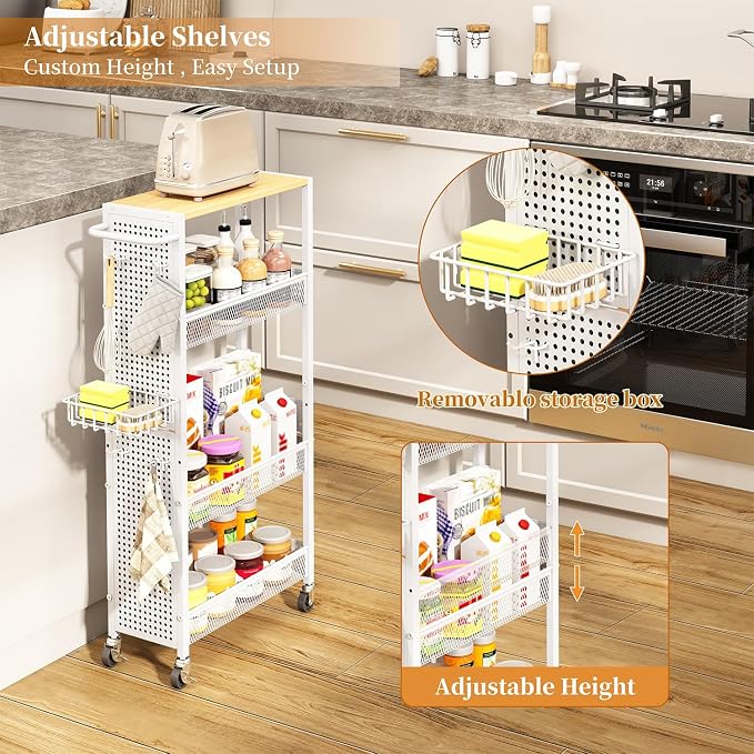 Slim Storage Rolling Cart: 4-Tier Narrow Metal & Wood Utility Cart with Wheels for Kitchen/Laundry/Bathroom(White) - Image 6