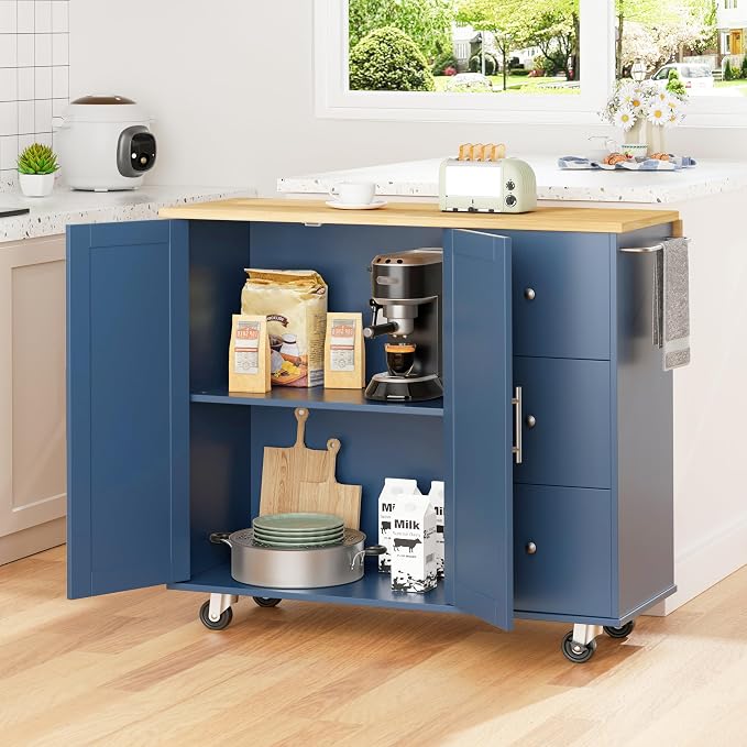 Shintenchi Kitchen Island with Folding Drop Leaf, Rolling Island Table with Storage, Kitchen Cabinet on Wheels with Seating Area for Kitchen, Bar Cart with Cabinet, Blue - Image 7