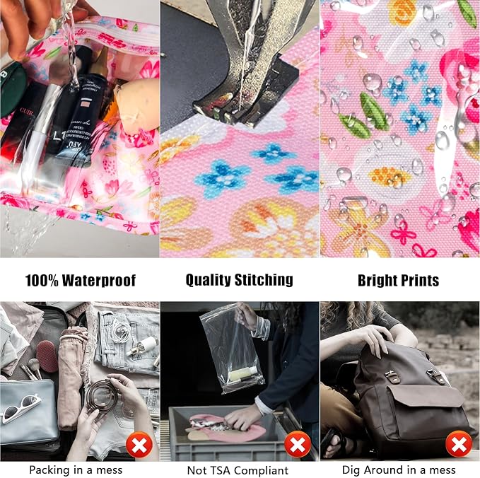 HIONXMGA Set of 3 Clear Travel Toiletry Bag, TSA Approved, Quart Size S/M/L | Clear Front Zipper Pouches Waterproof Cosmetics Bags for Women Kids Toiletries Baby Essentials Well-Organized Carry, Flowers - Image 5