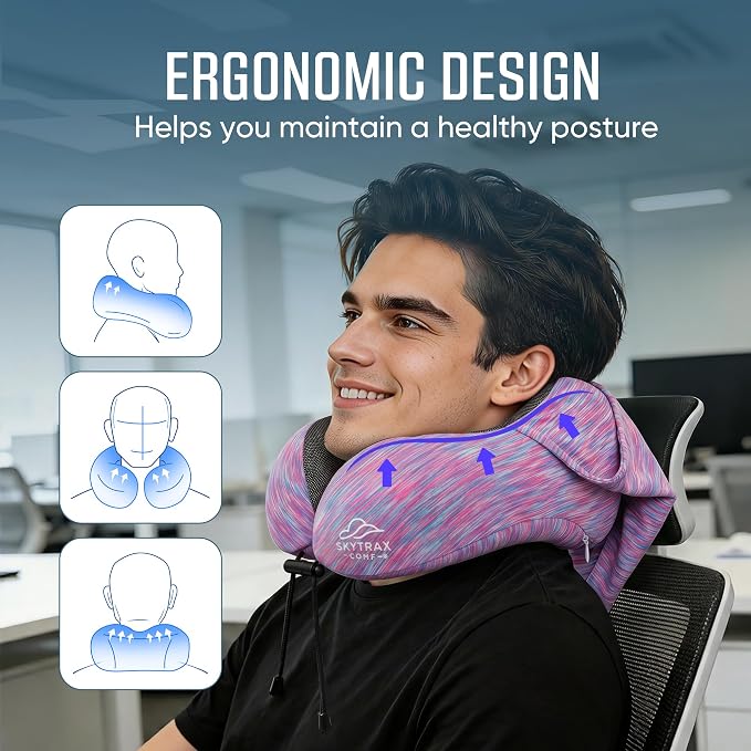 SkytraxComf® Travel Neck Pillow with Hood for Privacy on Long Flights | Memory Foam | Airplane Sleep | Safety-Tested Materials | Extra Large Hood | Chin Support | Earplugs | Washable Cover - Image 3