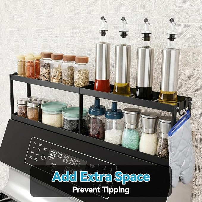 OTraki 2 Tier Strong Magnetic Oven Shelf 30 Inch Length Spice Rack | Over The Stove Shelf with 2 Anti-Slip Mats Seasoning & 4 Hooks Kitchen Spice Storage Organizer Black - Image 8