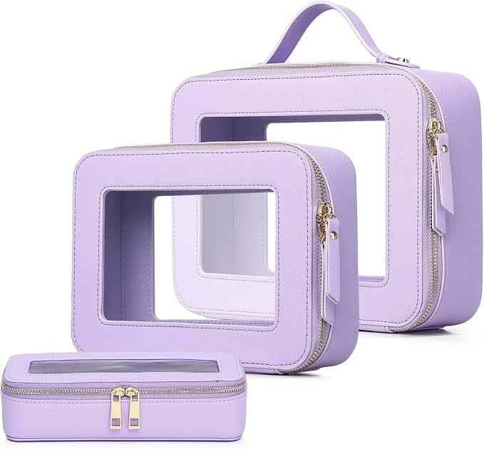 Pinkmik Clear Makeup Bag, (Purple, L+M+SLIM) | 3pcs, With Brush Bag, Waterproof Travel Case, For Cosmetics and Toiletries, With Zipper by Pinkmik