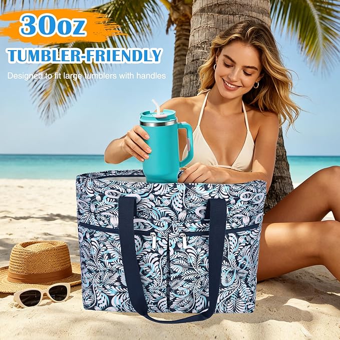 HUANLANG Large Beach Bags for Women Pool Bag with Zipper, Waterproof Sandproof Beach Tote Travel Bag with Wet Pocket - Image 2