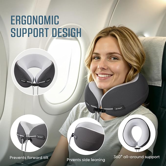 SKYTRAX COMF® Premium Ergonomic Memory Foam Travel Neck Pillow, Washable Cooling Ice Silk Cover, Firm Neck Support for Airplane Long Flights & Pain Relief, with Portable Carry Case (Grey) - Image 4