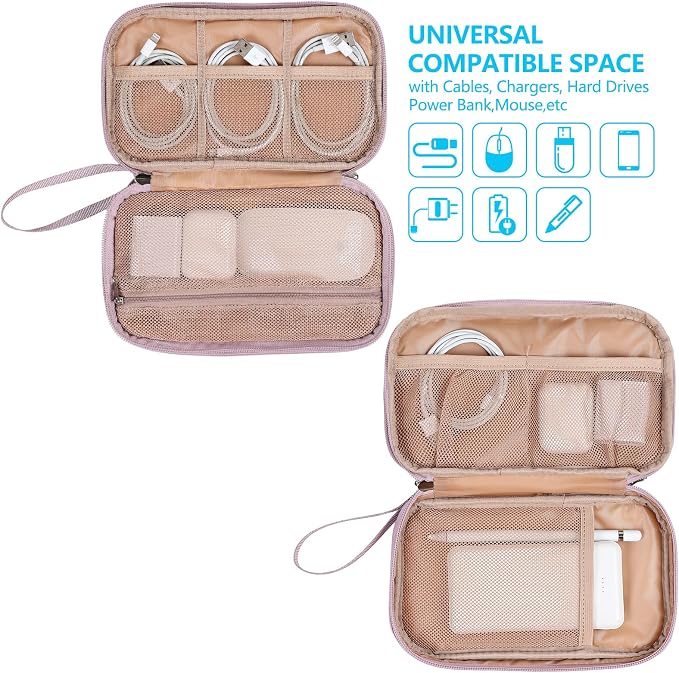 NISHEL Electronics Travel Organizer Cord Case, Charger Cable Tech Bag | Double-layer bag keeps chargers, cables, flash drive, and small tech essentials organized for trip, Medium, Peach Pink - Image 2