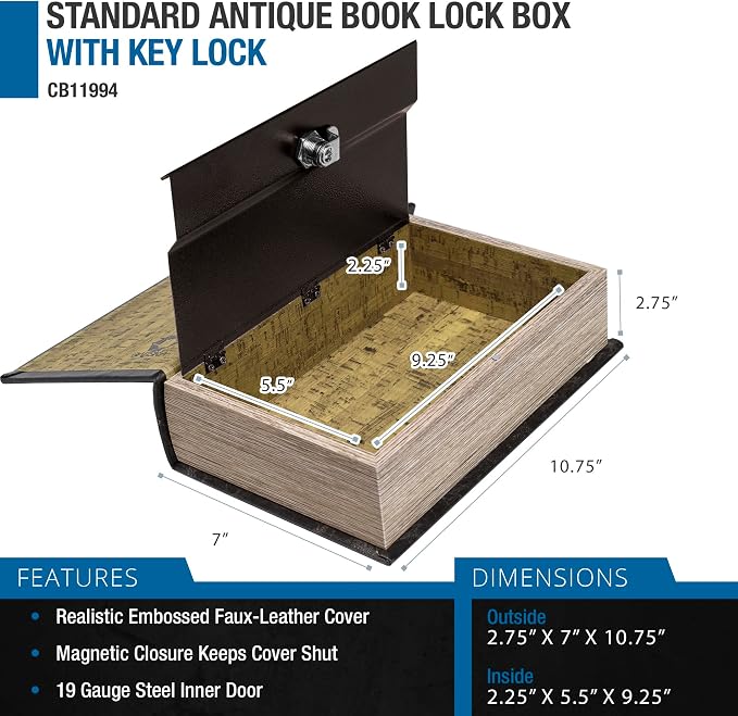 Barska Antique Book Lock Box with Key Lock | Steel safe with magnetic closure and key lock for passports, jewelry and cash - Image 3
