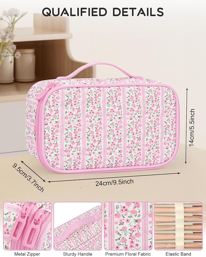 Relavel Cute Makeup Bag for Girls, Portable Pink Cosmetic Bag | Dual-layer Makeup Pouch with Brush Holder, Multi-Functional Preppy Toiletry Organizer for Travel, Daily Use - Pink Flower - Image 2