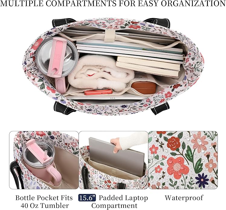 Tote Bag for Women with Laptop Compartment & Cup Holder,Nylon Bag for Work,Travel,Gym,Beach,Teacher,Nurse,School,Mom - Image 5