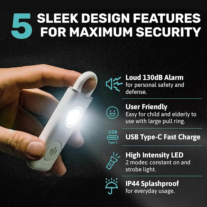 Personal Alarm Keychain for Women & for Seniors Pull pin, LED Light, 130db Siren, Hand held Safety Alarms, Pocket Alarm Protection for Emergency (Smoky Black) - Image 2
