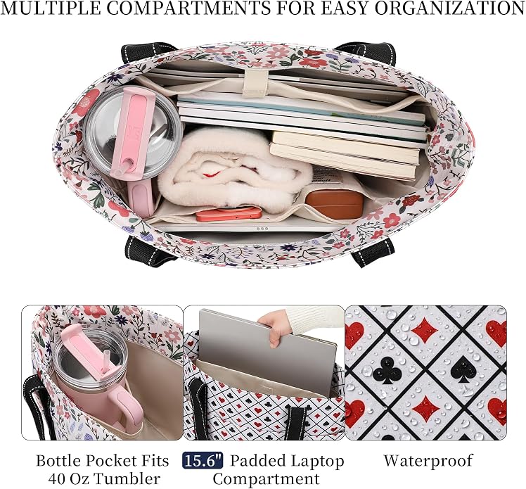 Tote Bag for Women with Laptop Compartment & Cup Holder,Nylon Bag for Work,Travel,Gym,Beach,Teacher,Nurse,School,Mom - Image 5
