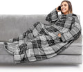 PAVILIA Fleece Blanket with Sleeves, Foot Pockets for Women Men Adults, Plush Wearable Blanket Throw Wrap, Warm Snuggle Blanket Robe, Cozy Gift Ideas Wife Mom, Plaid Dark Gray by PAVILIA
