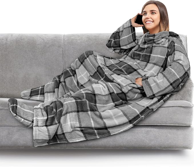 PAVILIA Fleece Blanket with Sleeves, Foot Pockets for Women Men Adults, Plush Wearable Blanket Throw Wrap, Warm Snuggle Blanket Robe, Cozy Gift Ideas Wife Mom, Plaid Dark Gray by PAVILIA