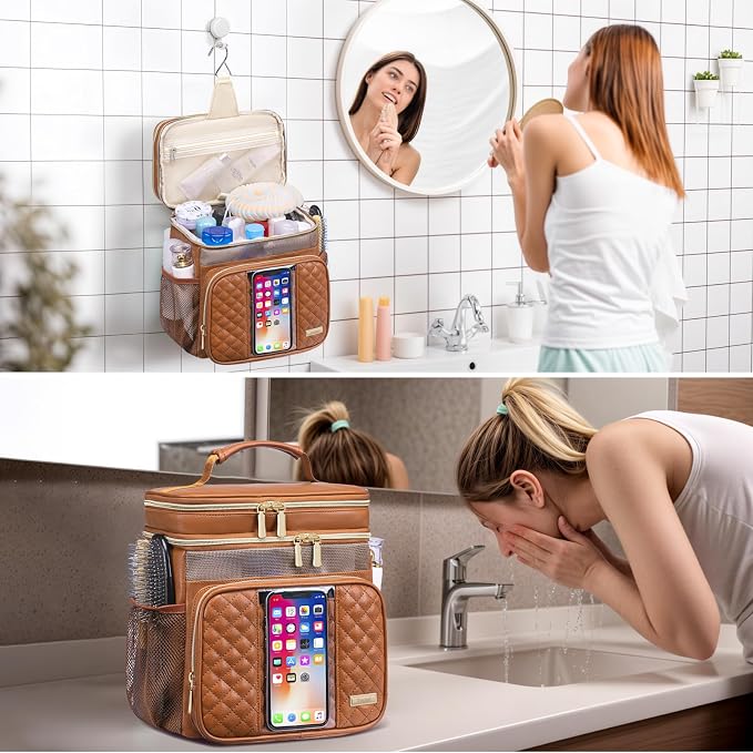 Large Leather Toiletry Bag for Women Men,Bathroom Bag,Water Resistant Shower Bag,Makeup Bag,Portable Shower Caddy for College Dorm,Hanging Travel Toiletry Bag with Transparent Waterproof Phone Pocket - Image 8